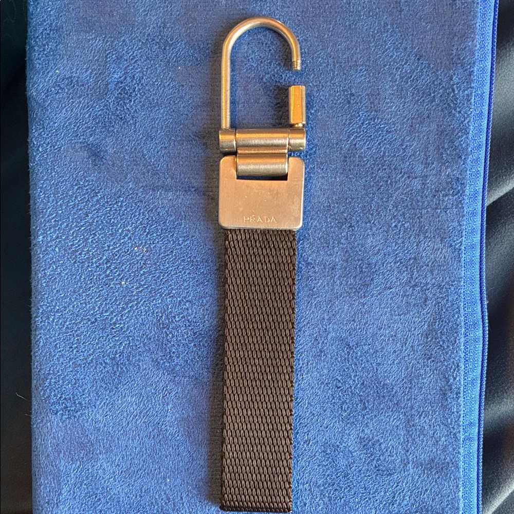 Prada Black Strap Keychain with Silver Screw Hook New